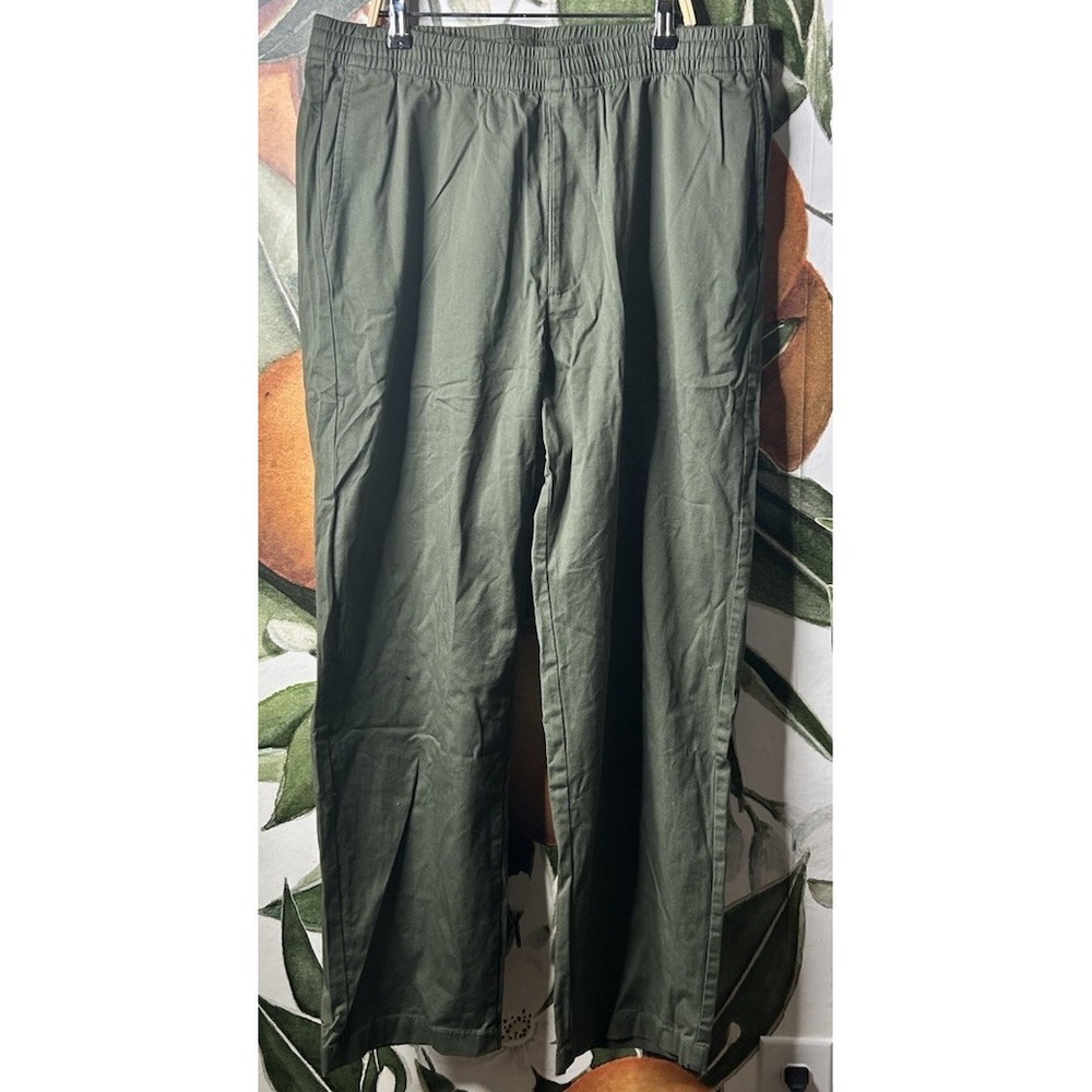 Uniqlo Mens Large Pull on‎ Army Green Cotton Blend Straight Pants Drawstring